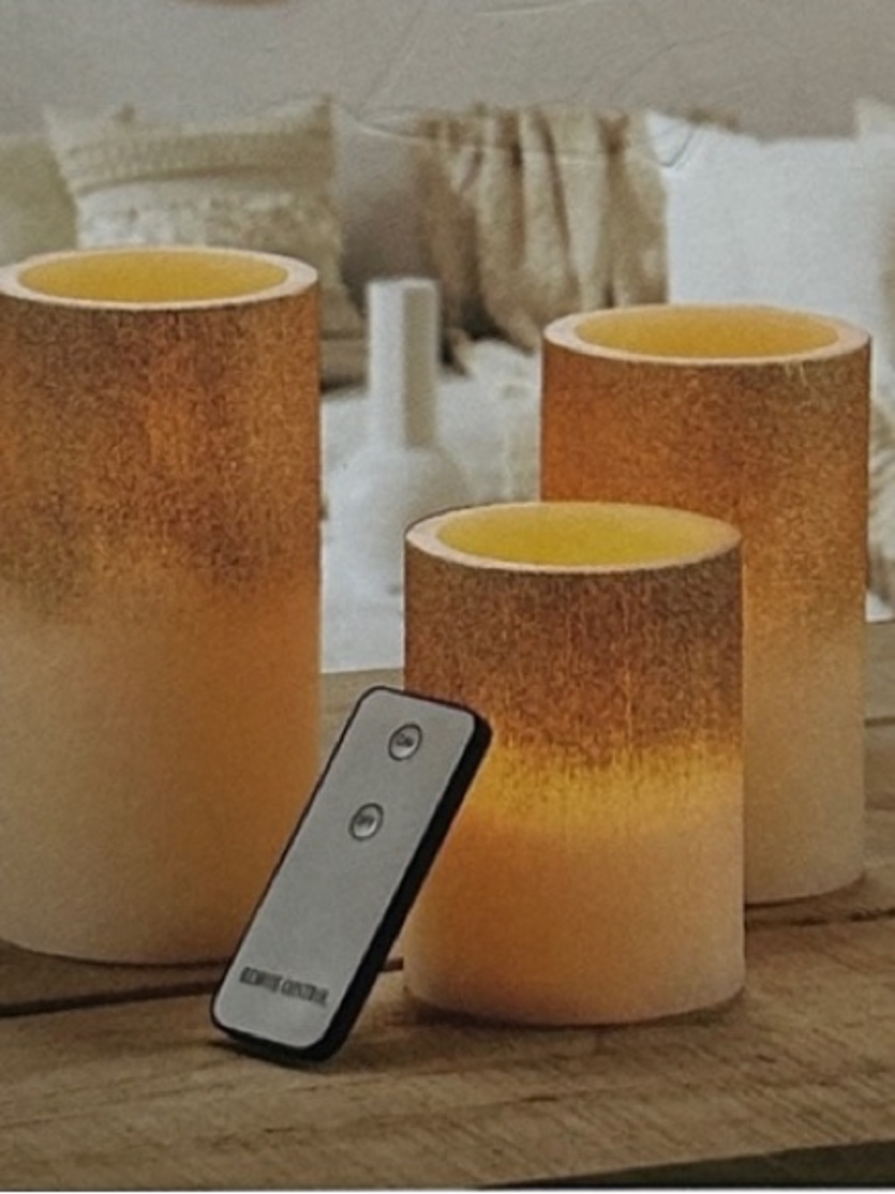LED Sparkling Gold Pillar Candles with Remote Set of 3 New In Box NWT